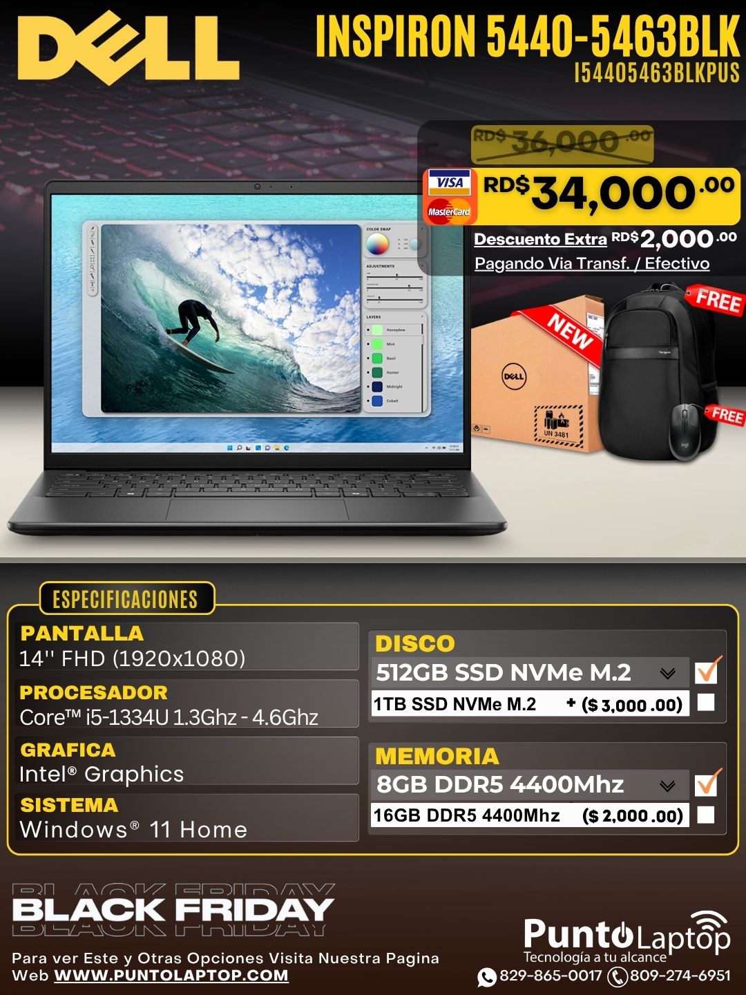 Dell Inspiron 5440-5463BLK 14" FHD Core™ i5-1334U 512GB SSD 8GB W11 BLACK Bcklt