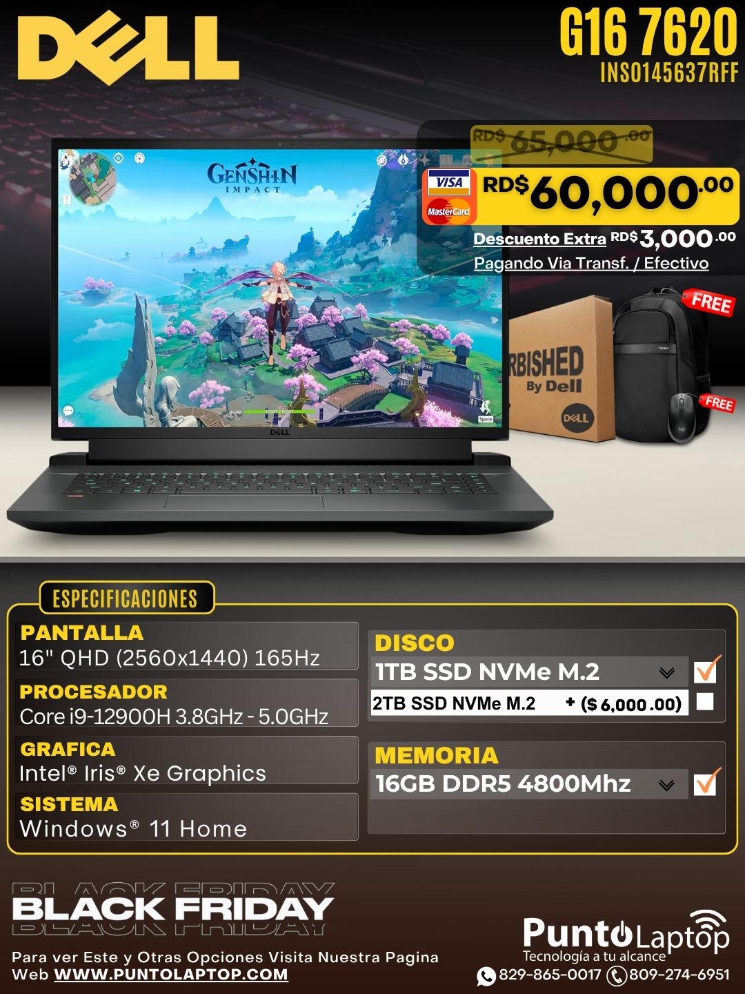 ❞𝐑𝐞𝐟𝐮𝐫𝐛𝐢𝐬𝐡𝐞𝐝❞ Dell G16 7620 16" QHD (2560x1440) 165Hz Core™ i9-12900H 1TB SSD 16GB W11 Bcklt OBSIDIAN BLACK