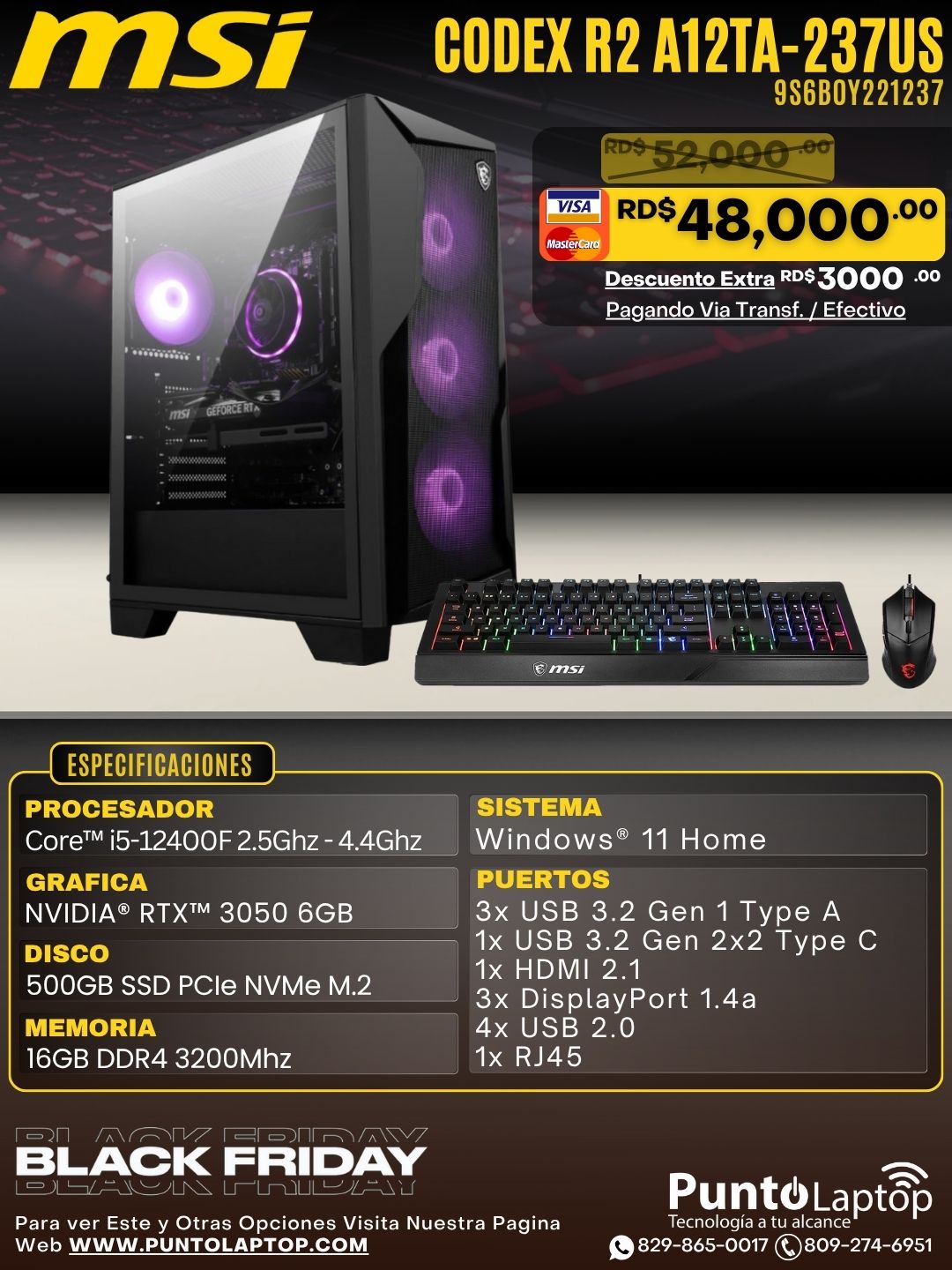 MSI Codex R2 A12TA-237US Core™ i5-12400F 500GB SSD 16GB W11 NVIDIA® RTX 3050 6GB BLACK