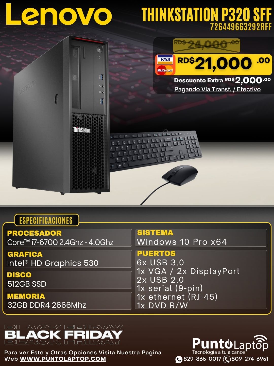 ❞𝐑𝐞𝐟𝐮𝐫𝐛𝐢𝐬𝐡𝐞𝐝❞ Lenovo ThinkStation P320 SFF Core™ i7-6700 512GB SSD 32GB WIN10 Pro Keyboard Mouse BLACK