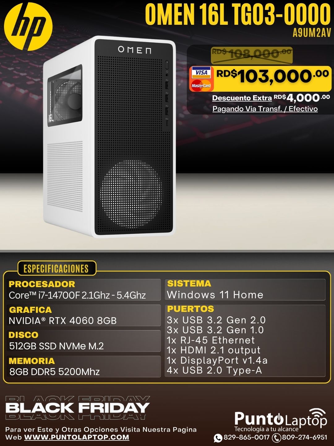 HP OMEN 16L TG03-0000 GAMING Tower Core™ i7-14700F 512GB SSD 8GB WIN11 NVIDIA® RTX 4060 8GB