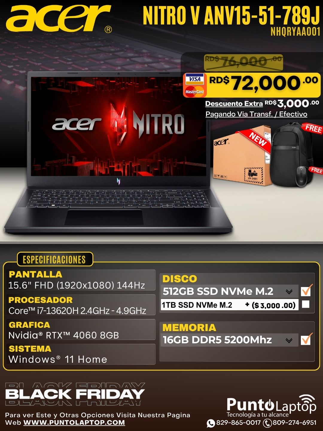 Acer NITRO V ANV15-51-789J 15.6" FHD 144Hz Core™ i7-13620H 512GB SSD 16GB W11 NVIDIA® RTX 4060 8GB BLACK Backlit