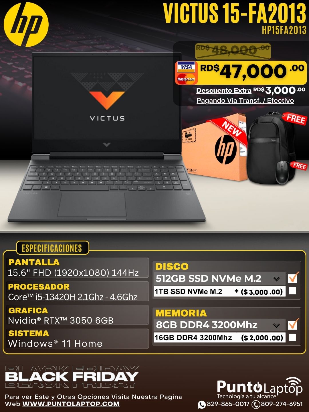 HP VICTUS 15-FA2013 15.6" 144Hz Core™ i5-13420H 512GB SSD 8GB W11 NVIDIA® RTX 3050 6GB SILVER Bcklt