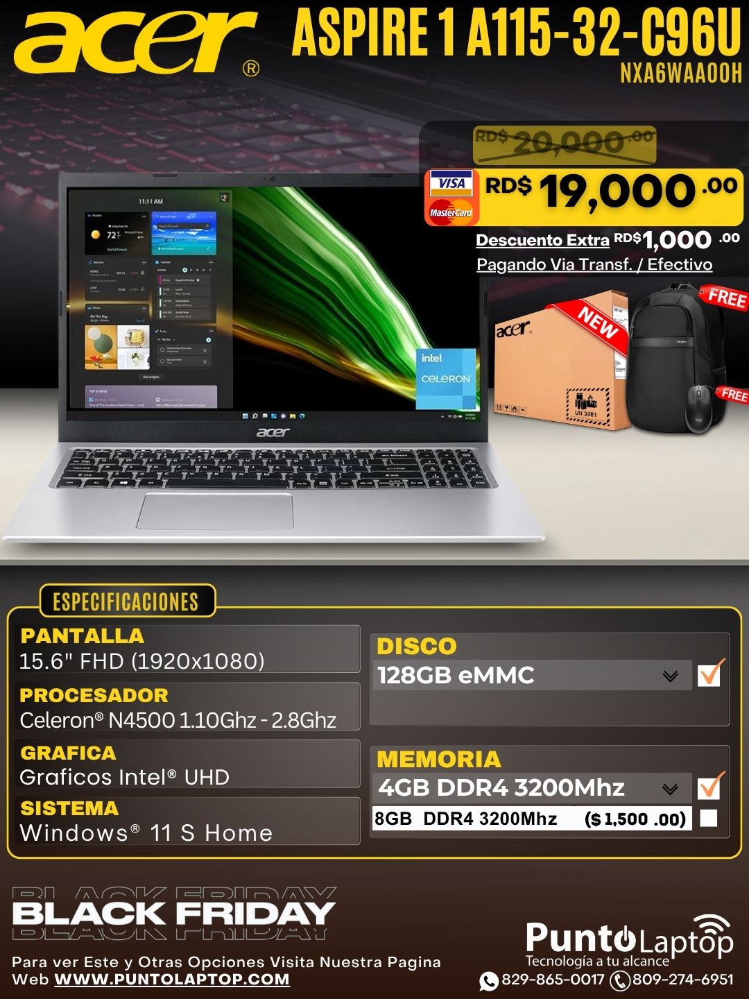 Acer Aspire 1 A115-32-C96U 15.6" FHD Celeron® N4500 128GB eMMC 4GB W11 S PURE SILVER