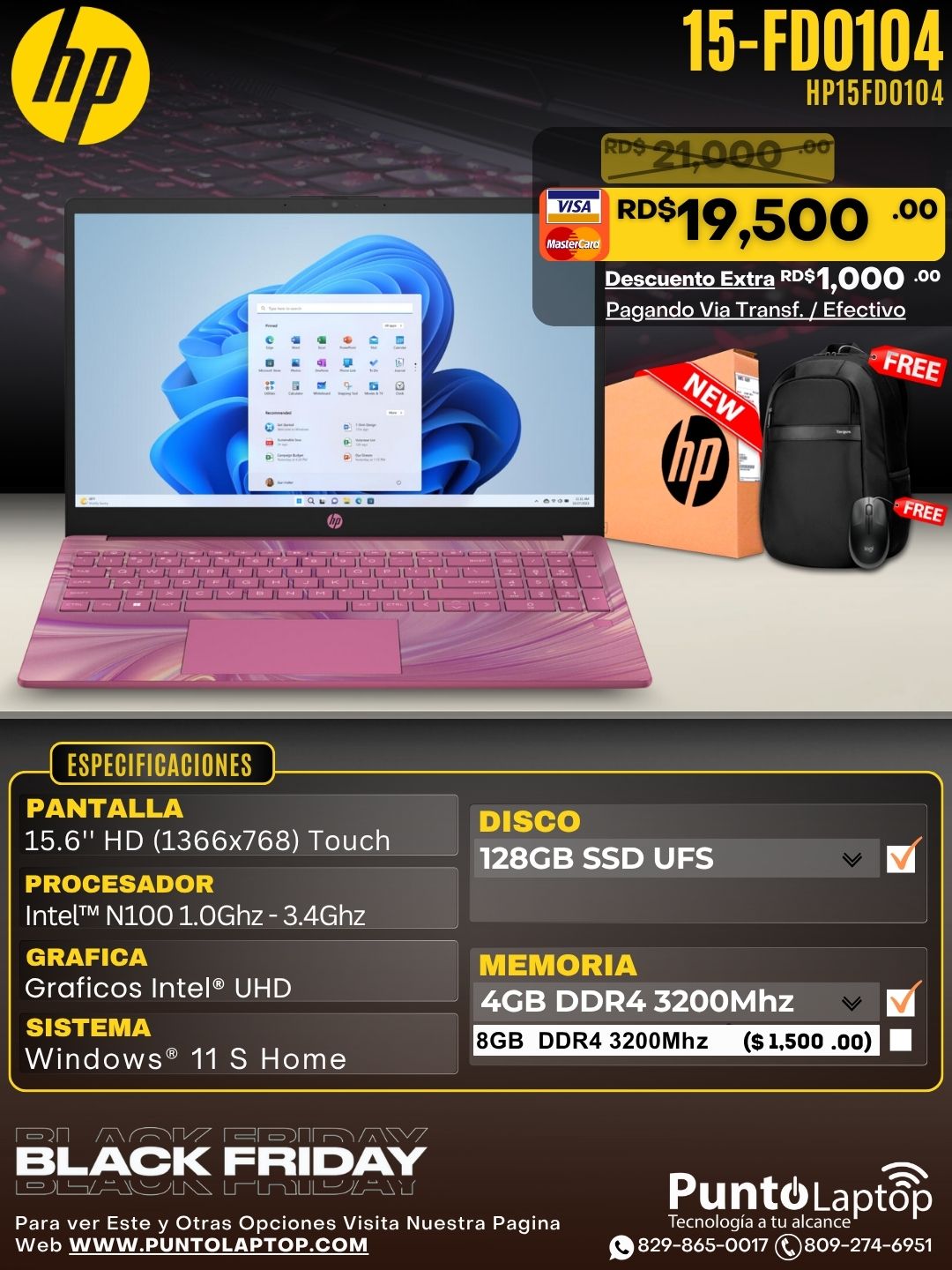 HP 15-FD0104 15.6" Touch Intel® Quad Core N100 128GB UFS 4GB W11 S Bcklt SUNKISSED PLUM