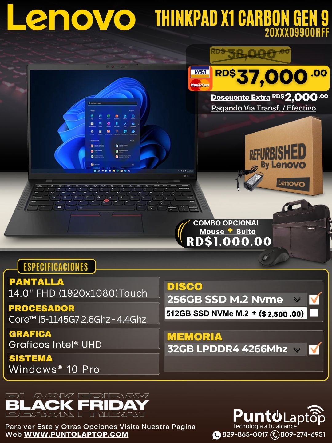 ❞𝐑𝐞𝐟𝐮𝐫𝐛𝐢𝐬𝐡𝐞𝐝❞ Lenovo ThinkPad X1 CARBON Gen 9 14" (1920x1200) Touch Core™ i5-1145G7 256GB SSD 32GB W10 Pro BLACK Bcklt
