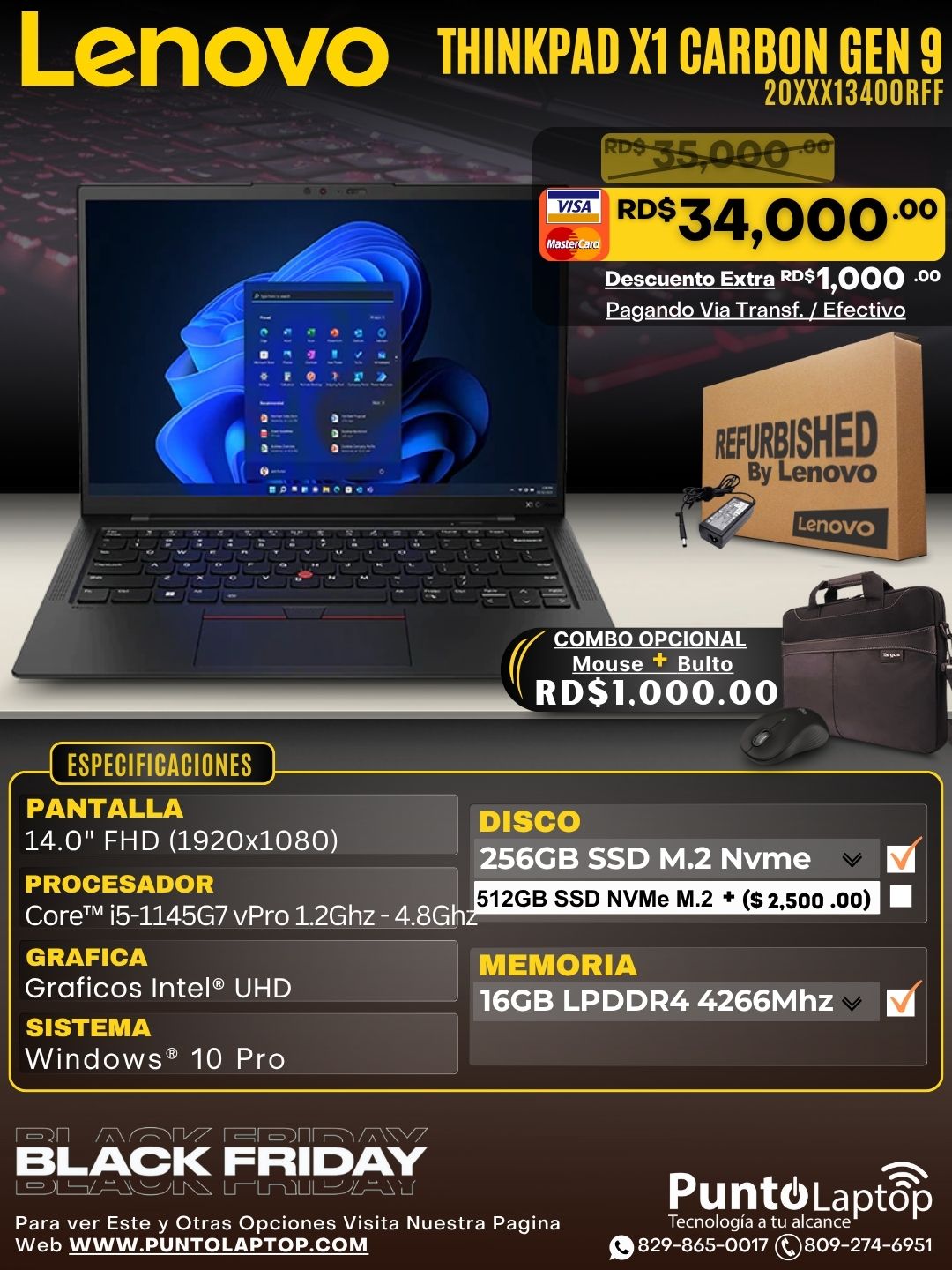 ❞𝐑𝐞𝐟𝐮𝐫𝐛𝐢𝐬𝐡𝐞𝐝❞ Lenovo ThinkPad X1 CARBON Gen 9 14" (1920x1200) Core™ i5-1145G7 256GB SSD 16GB W10 Pro BLACK Bcklt