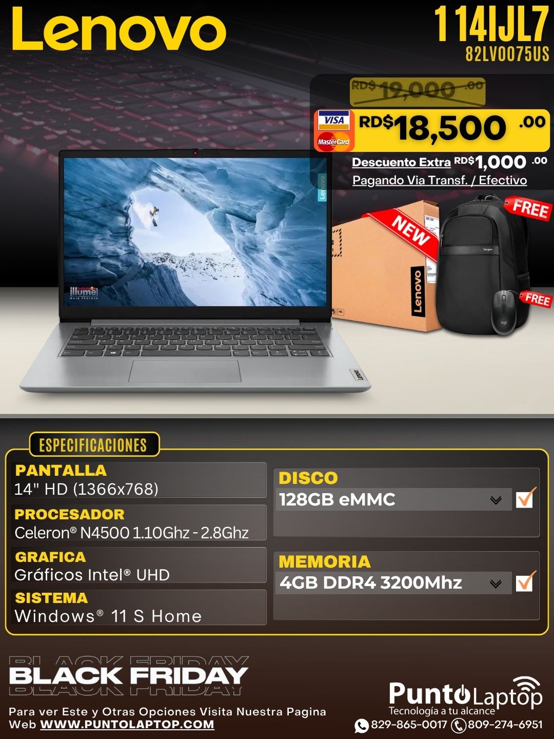 Lenovo 1 14IJL7 14" (1366x768) Celeron® N4500 128GB eMMC 4GB W11 S GREY