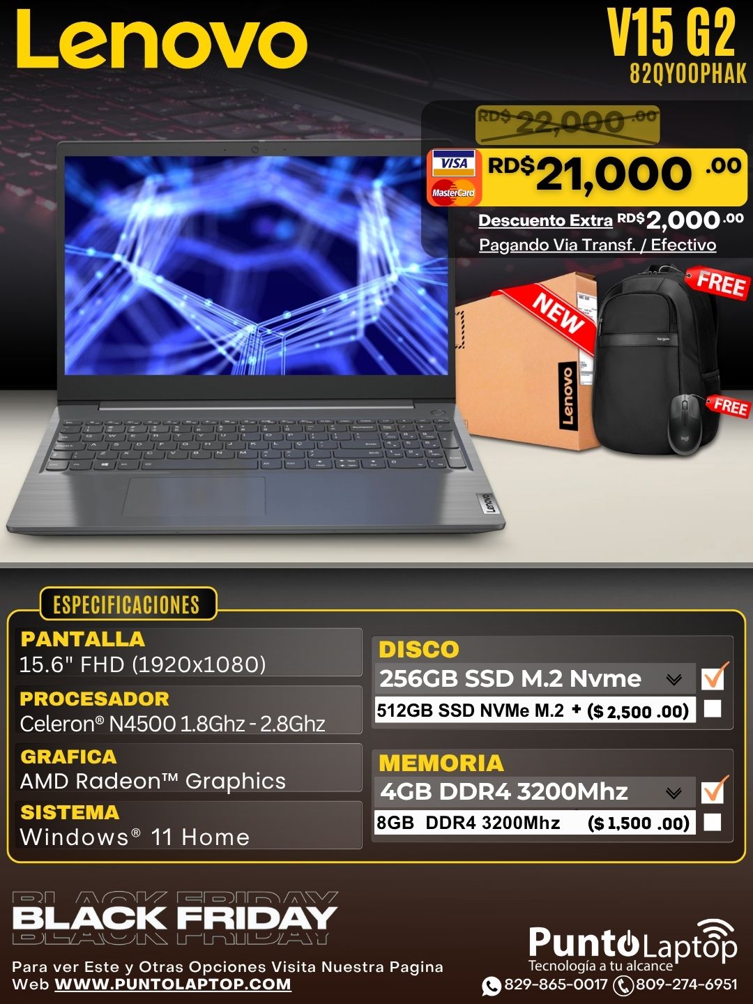 Lenovo V15 G2 15.6¨FHD Celeron N4500 1.1Ghz 256GB SSD 4GB W11 Black RJ45