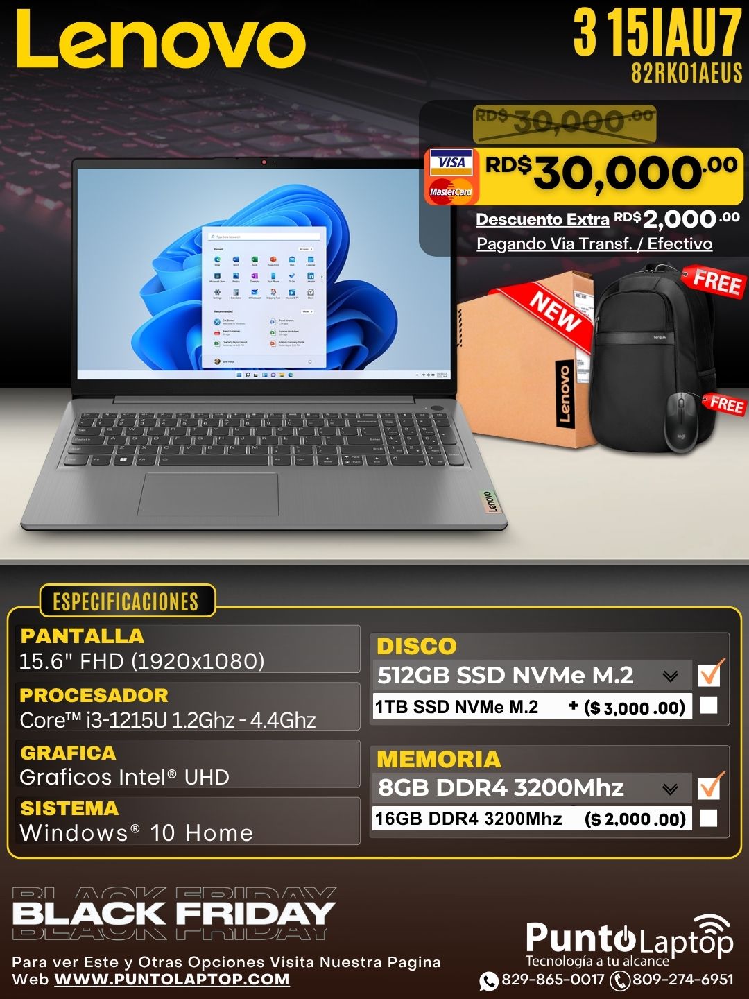 Lenovo 3 15IAU7 15.6" FHD Core™ i3-1215U 512GB SSD 8GB W11 GREY