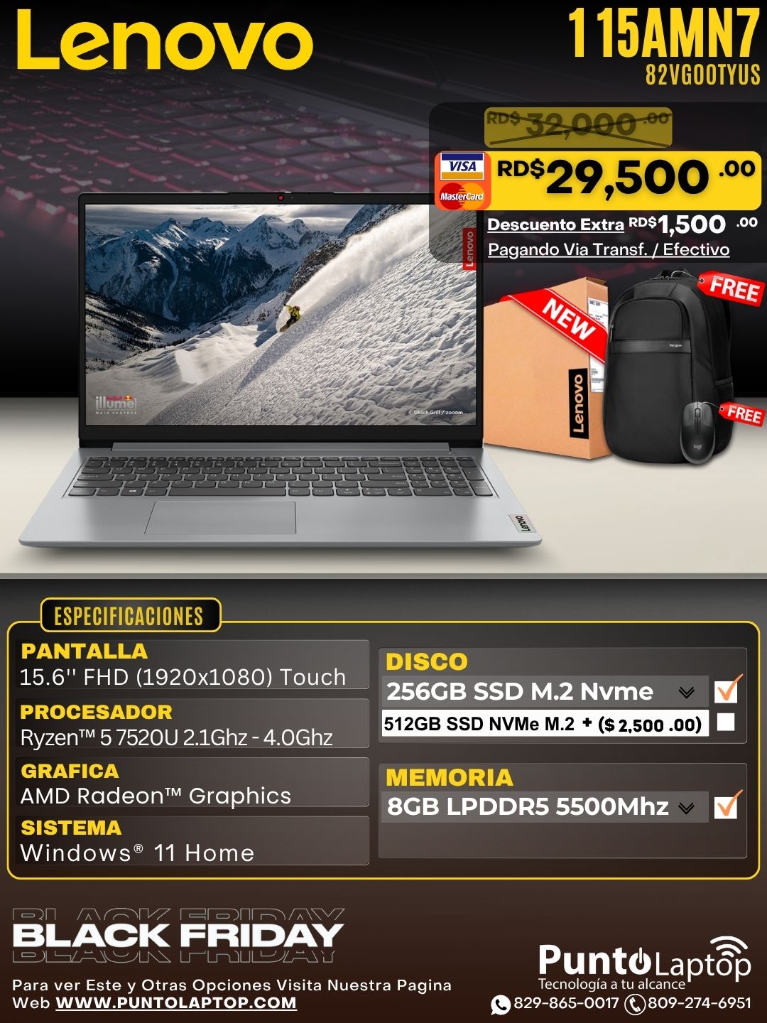 Lenovo 1 15AMN7 15.6" FHD Touch Ryzen™ 5 7520U 256GB SSD 8GB W11 BLUE