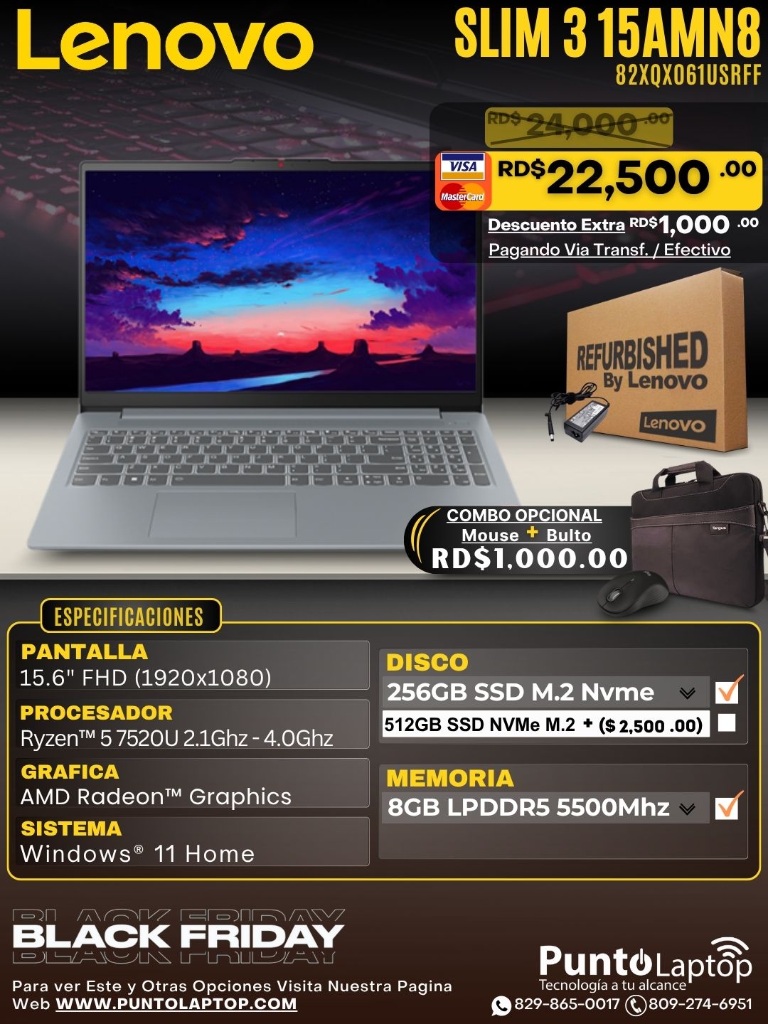 ❞𝐑𝐞𝐟𝐮𝐫𝐛𝐢𝐬𝐡𝐞𝐝❞ Lenovo SLIM 3 15AMN8 15.6" FHD IPS Ryzen™ 5 7520U 256GB SSD 8GB W11 GREY Bcklt