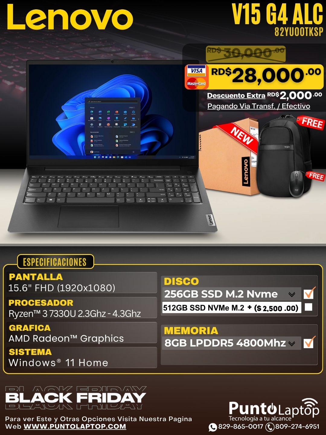 LENOVO V15 G4 ALC 15.6 Ryzen™ 3 7320U 256GB SSD 8GB W11 Black RJ45