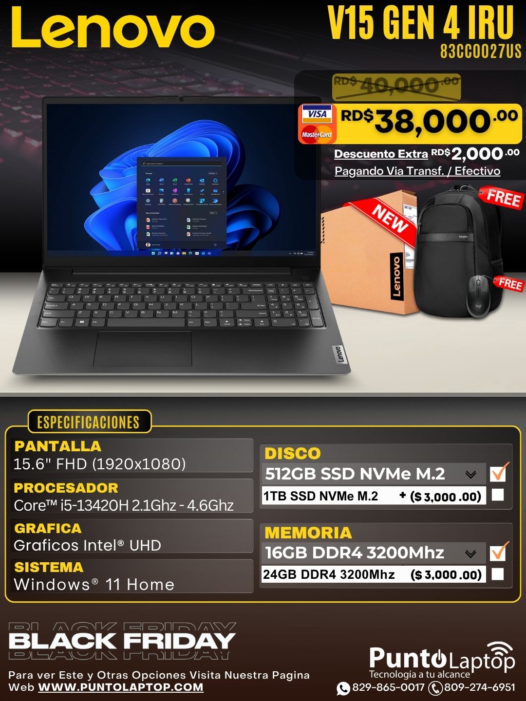 Lenovo V15 Gen 4 IRU 15.6" FHD Core™ i5-13420H 512GB SSD 16GB W11 BLACK RJ45