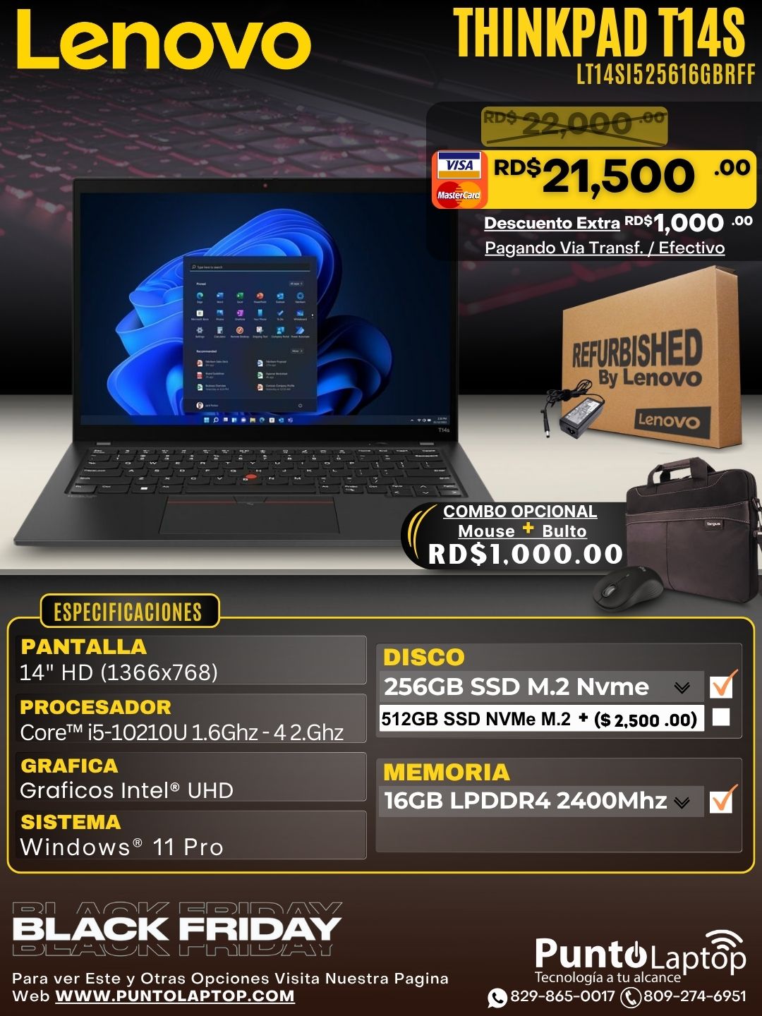 ❞𝐑𝐞𝐟𝐮𝐫𝐛𝐢𝐬𝐡𝐞𝐝❞ Lenovo ThinkPad T14s 14" Core™ i5-10310U 256GB SSD 16GB W11 Pro BLACK