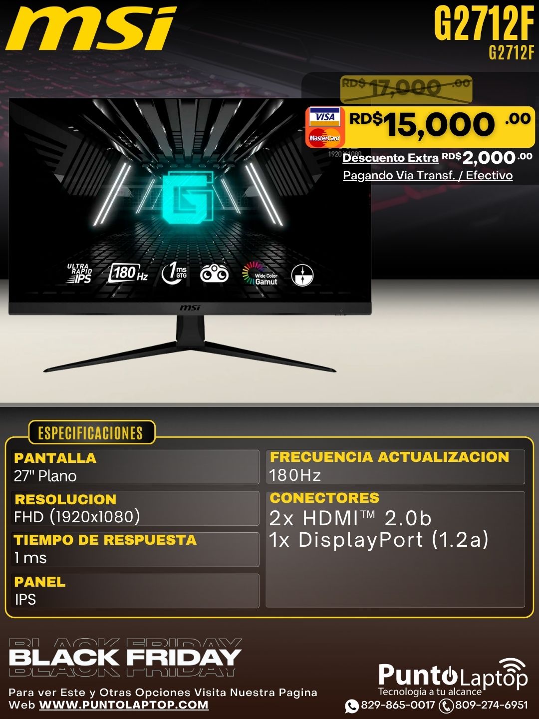 MSI G2712F Monitor 27" (1920x1080) 180Hz Ultra Rapid IPS 1ms