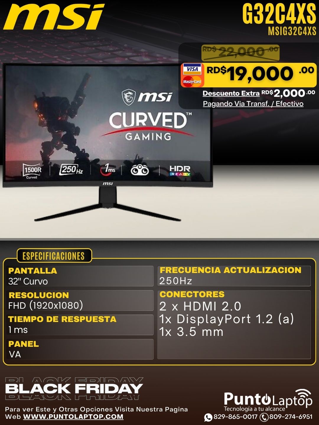 MSI G32C4XS GAMING MONITOR 31.5" FHD 250HZ CURVED 1500R BLACK