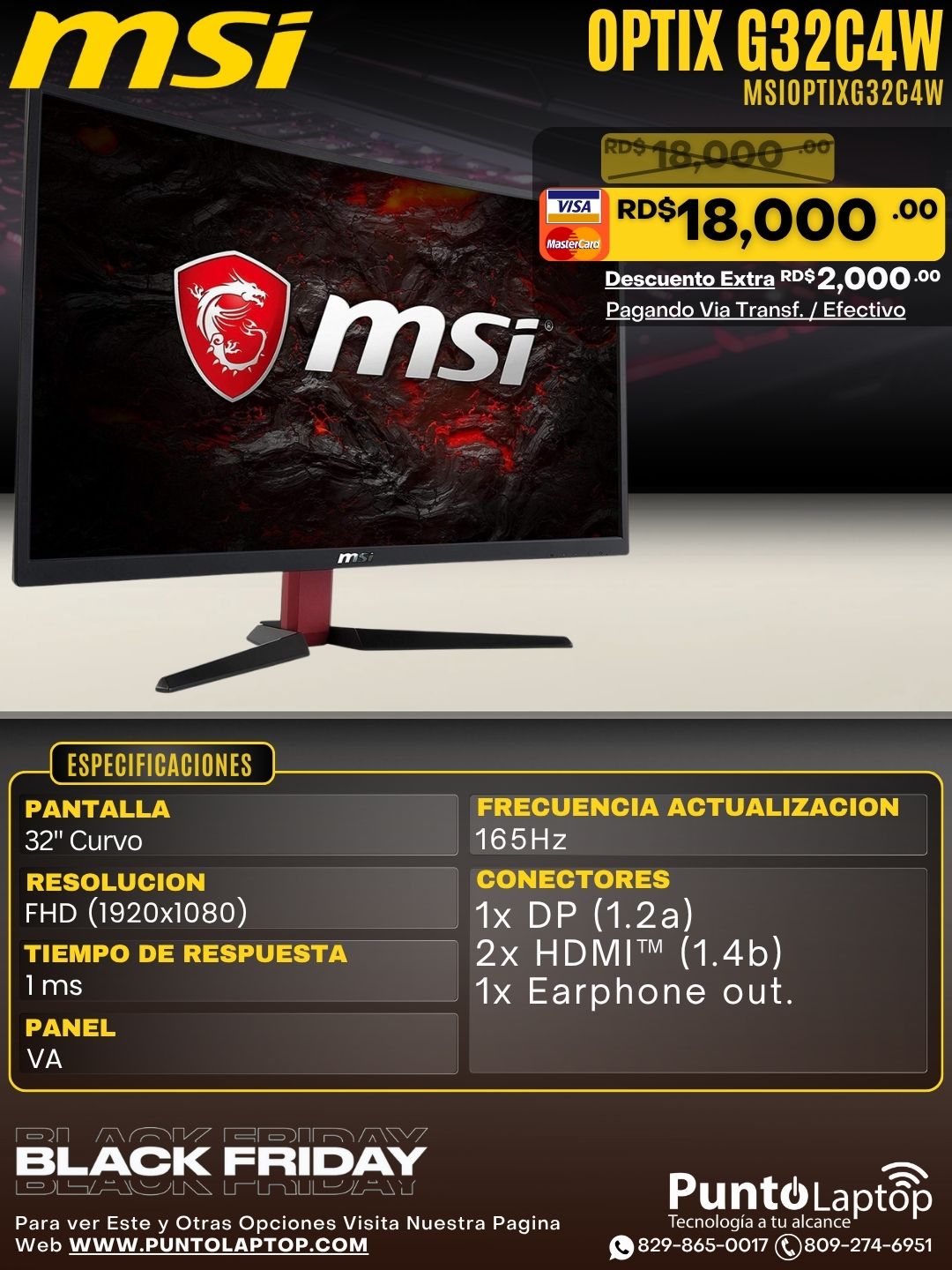MSI OPTIX G32C4W GAMING MONITOR 31.5" FHD Curved 165Hz 2xHDMI