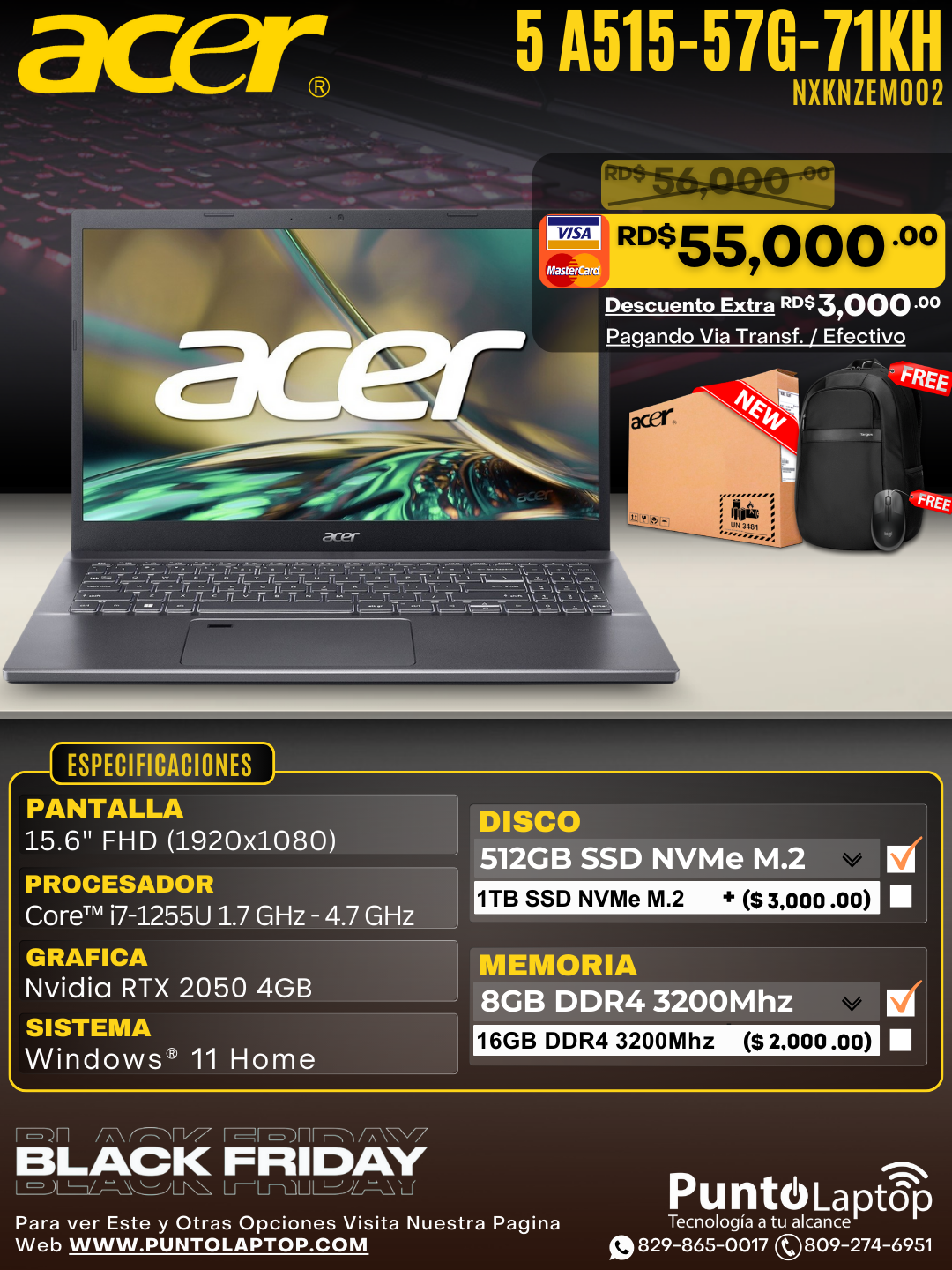 Acer Aspire 5 A515-57G-71KH 15.6" FHD Core™ i7-1255U 512GB SSD 8GB RTX 2050 4GB W11 GREY