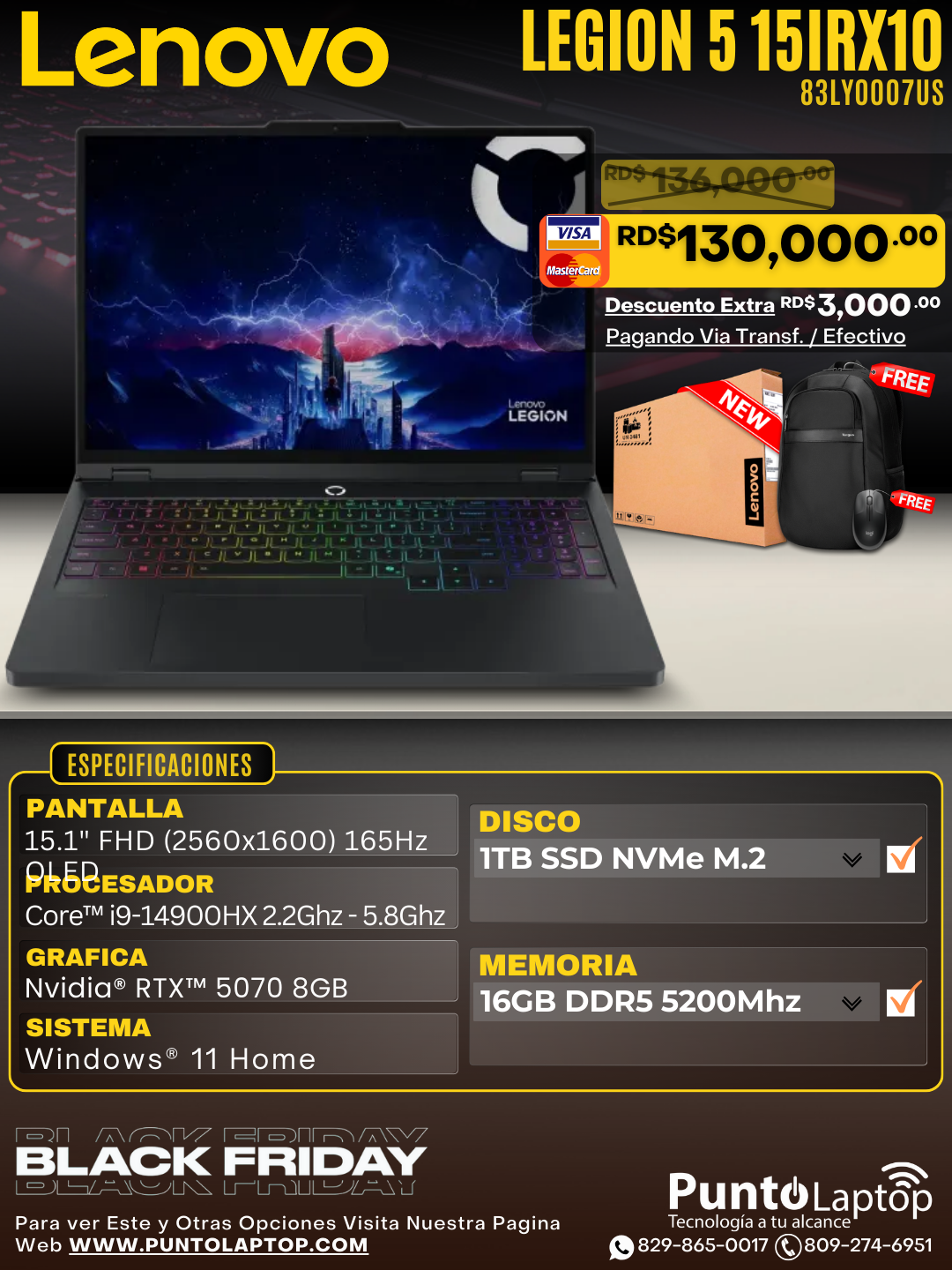 Lenovo Legion 5 15IRX10 15.1" OLED WQXGA Core™ i9 14900HX 1TB SSD 16GB W11 NVIDIA® RTX 5070 8GB Eclipse Black
