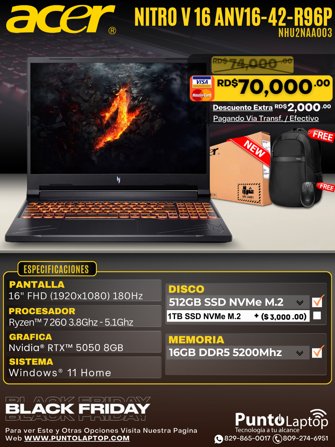 Acer NITRO V 16 ANV16-42-R96P 16" FHD 180Hz Ryzen™ 7 260 512GB SSD 16GB W11 RTX 5050 8GB BLACK Bcklt