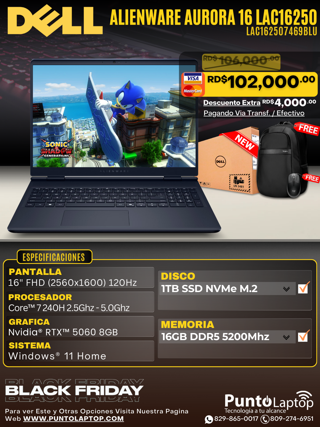 Dell Alienware Aurora 16 16" (2560x1600) 120Hz Core™ 7 240H 1TB SSD 16GB W11 NVIDIA® RTX 5060 8GB BLUE Bcklt