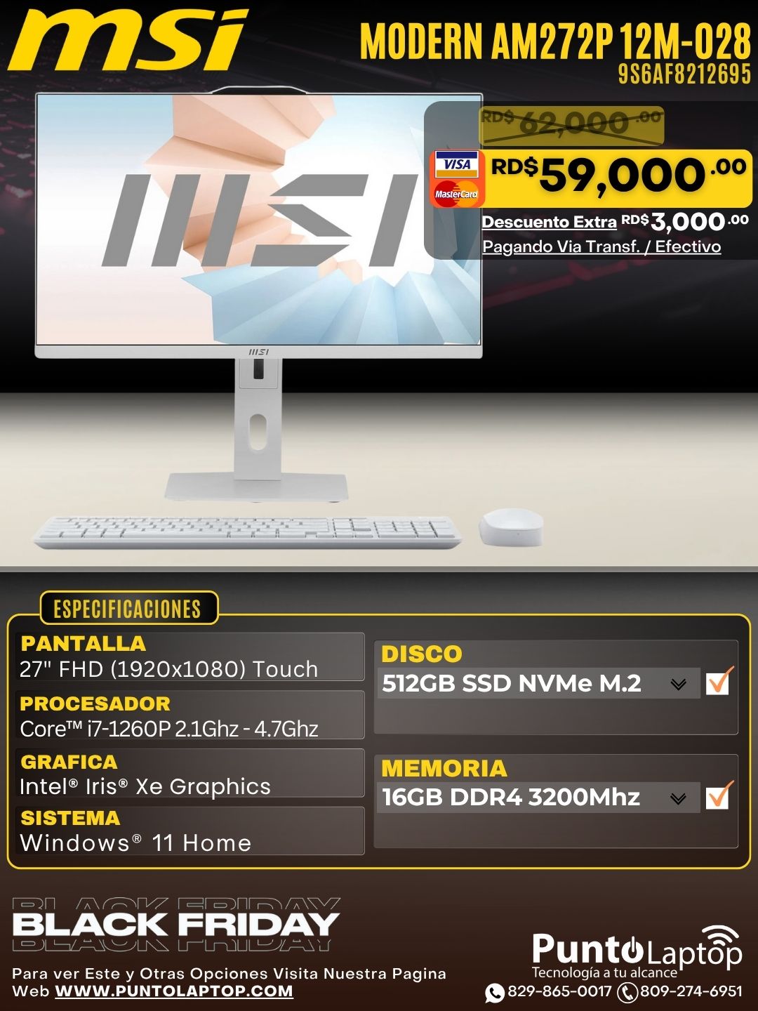 MSI Modern AM272P 12M-028 ALL-IN-ONE 27" FHD IPS Core™ i7-1260P 512GB SSD 16GB W11 IR Webcam Keyboard Mouse WHITE
