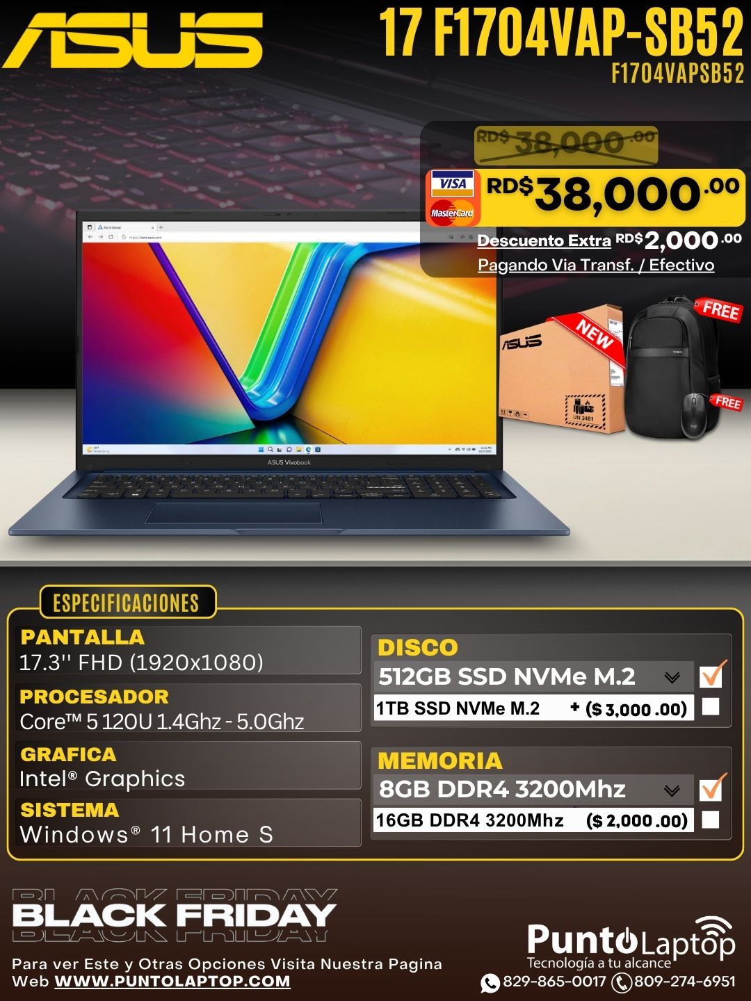 Asus VivoBook 17 F1704VAP-SB52 17.3" FHD Core™ 5 120U 512G BSSD 8GB W11 QUIET BLUE Bcklt