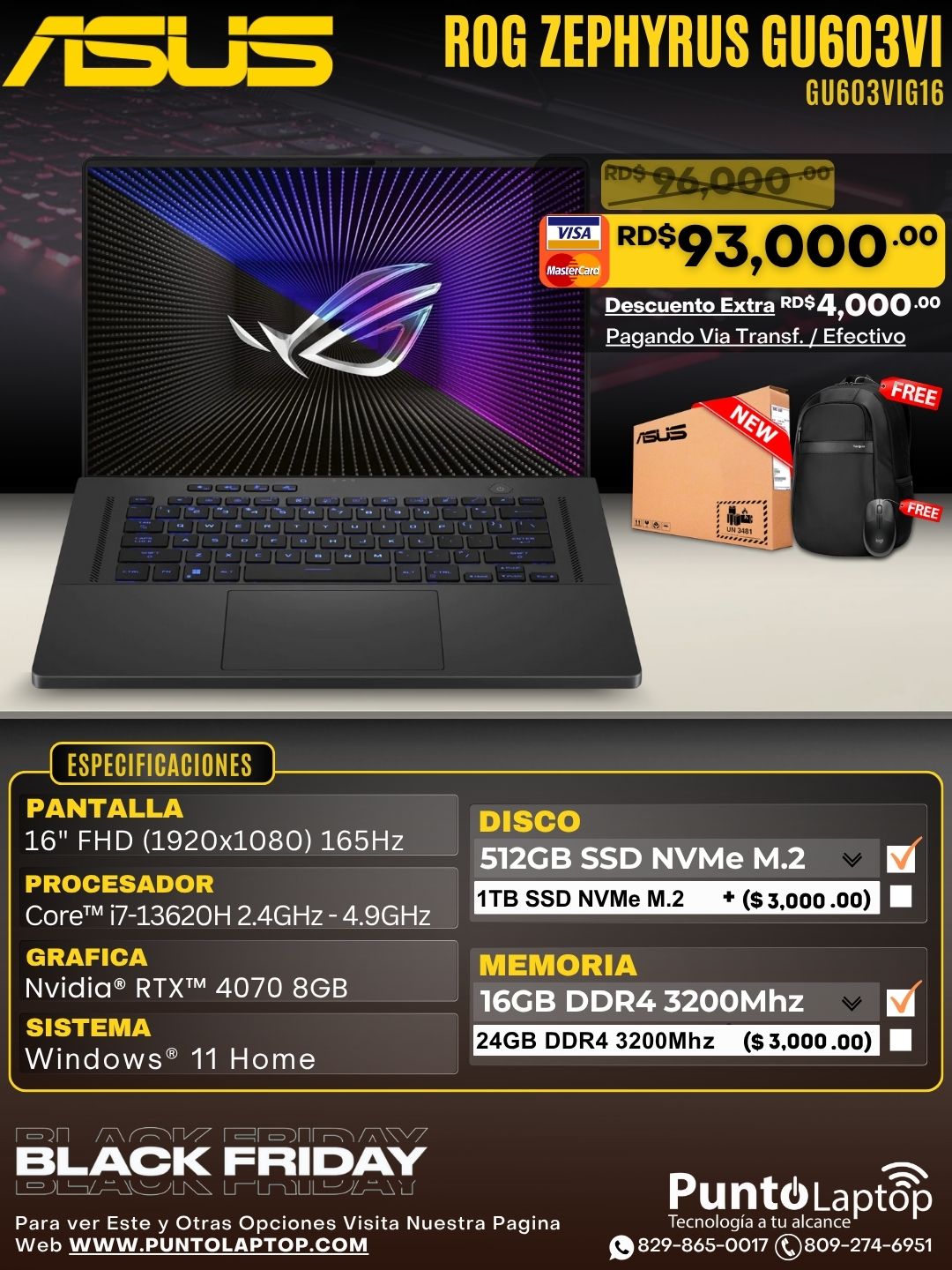 Asus ROG ZEPHYRUS GU603VI 16" FHD 165Hz Core™ i7-13620H 512GB SSD 16GB W11 NVIDIA® RTX 4070 8GB ECLIPSE GRAY Bcklt
