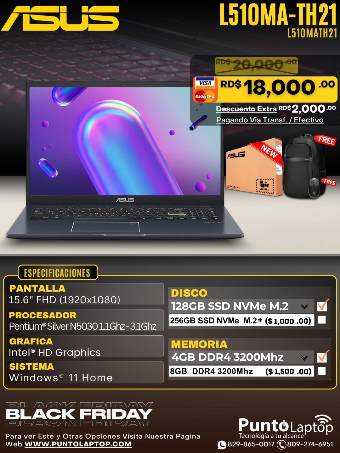 Asus L510MA 15.6" HD Pentium® Silver N5030 128GB SSD 4GB WIN11 S BLACK