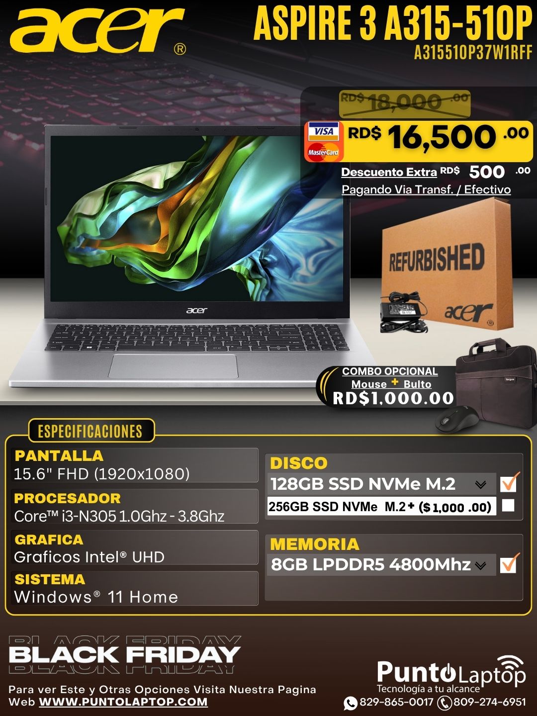 ❞𝐑𝐞𝐟𝐮𝐫𝐛𝐢𝐬𝐡𝐞𝐝❞ Acer Aspire 3 A315-510P-37W1 15.6" FHD Core™ i3-N305 128GB SSD 8GB W11 SILVER