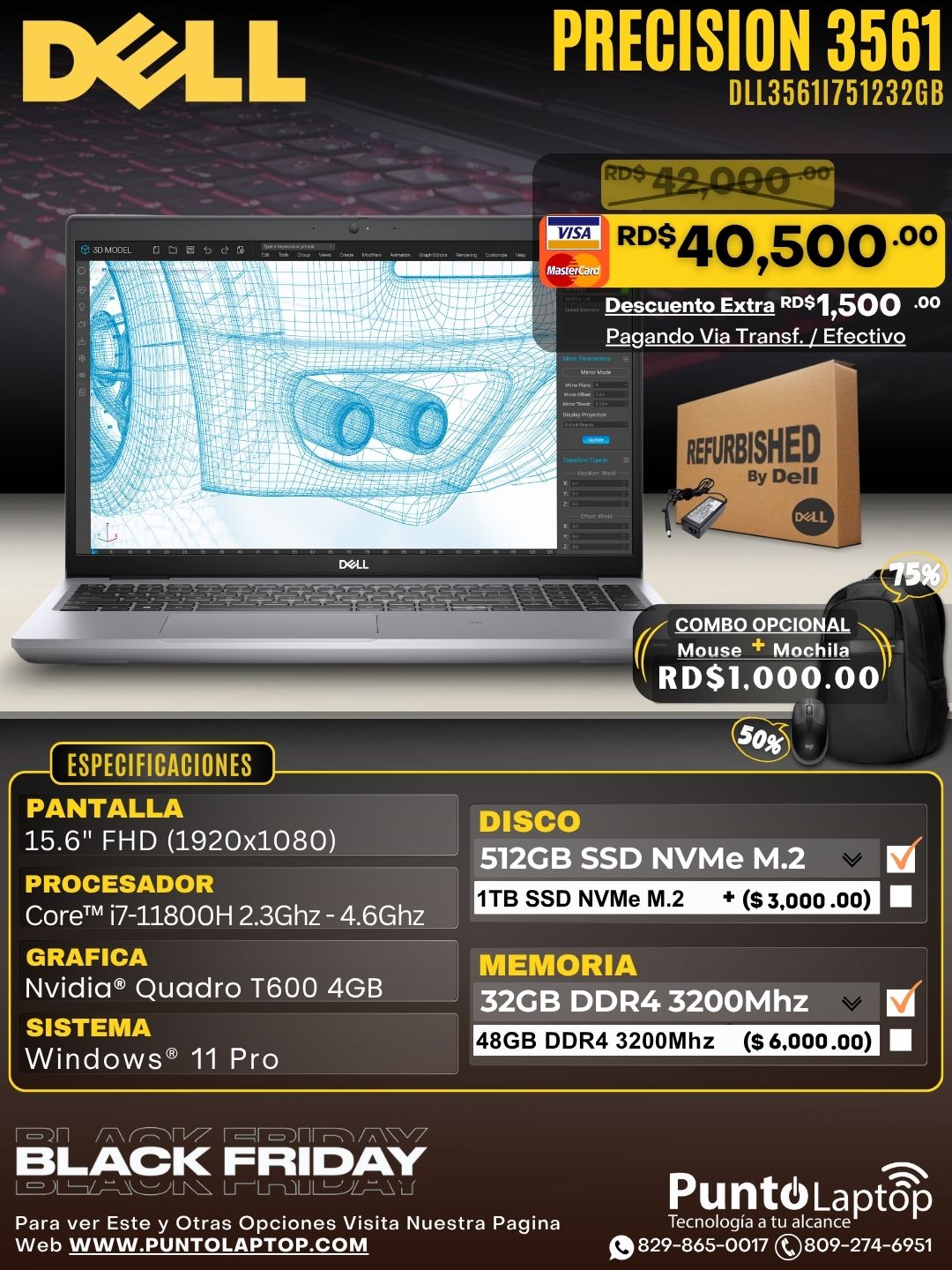 ❞𝐑𝐞𝐟𝐮𝐫𝐛𝐢𝐬𝐡𝐞𝐝❞ Dell Precision 3561 15.6" FHD Mobile Workstation Core™ i7-11800H 512GB SSD 32GB W11 Pro NVIDIA® Quadro T600 4GB Bcklt