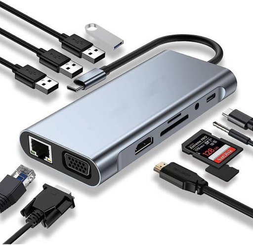 [JLCX11N1] 11-in-1 USB-C (1xHDMI)(1xVGA)(1xRJ45)(3xUSB3.0)(2xUSB-C)(1xAudio)(SD/T
