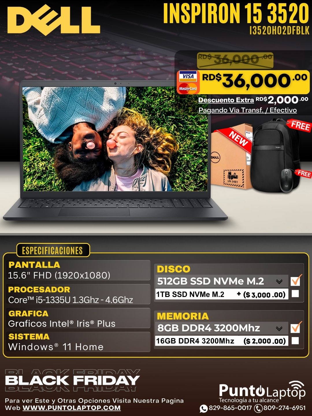 Dell Inspiron 15 3520 15.6" FHD Core™ i5-1334U 512GB SSD 8GB W11 BLACK