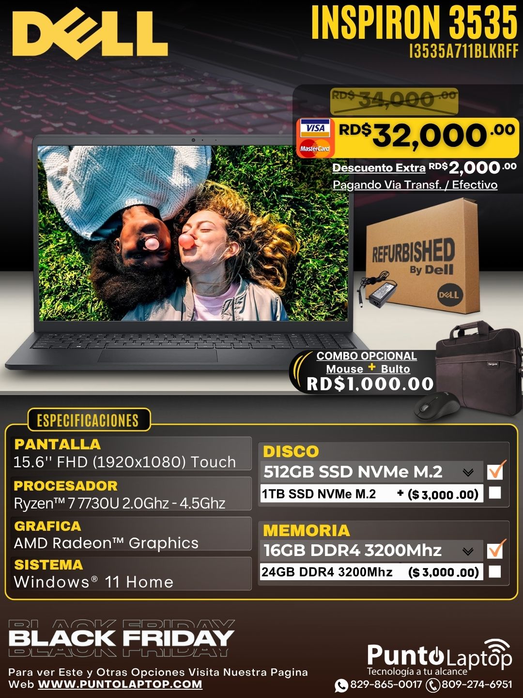 ❞𝐑𝐞𝐟𝐮𝐫𝐛𝐢𝐬𝐡𝐞𝐝❞ Dell Inspiron 3535 15.6" FHD Touch Ryzen™ 7 7730U 512GB SSD 16GB W11 BLACK