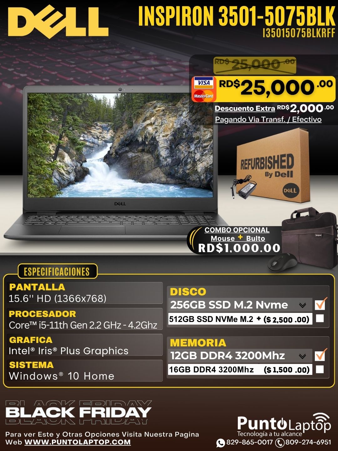 ❞𝐑𝐞𝐟𝐮𝐫𝐛𝐢𝐬𝐡𝐞𝐝❞ Dell Inspiron 3501-5075BLK 15.6" Core™ i5-1135G7 256GB SSD 12GB W10 S BLACK