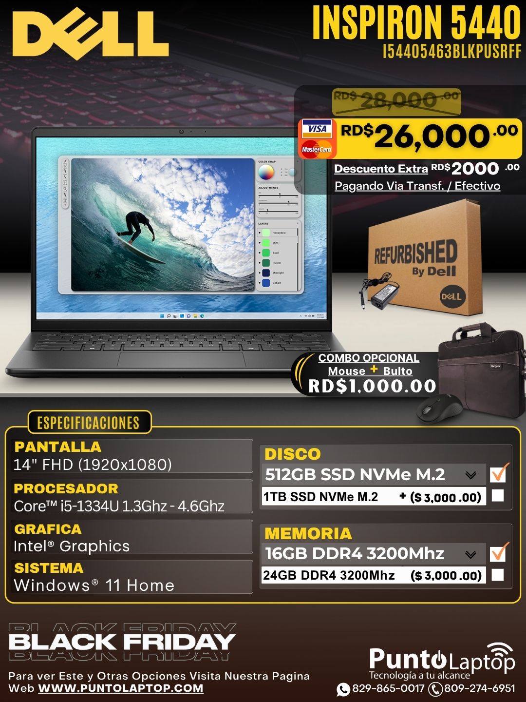 ❞𝐑𝐞𝐟𝐮𝐫𝐛𝐢𝐬𝐡𝐞𝐝❞ Dell Inspiron 5440-5463BLK 14" FHD Core™ i5-1334U 512GB SSD 8GB W11 BLACK Bcklt