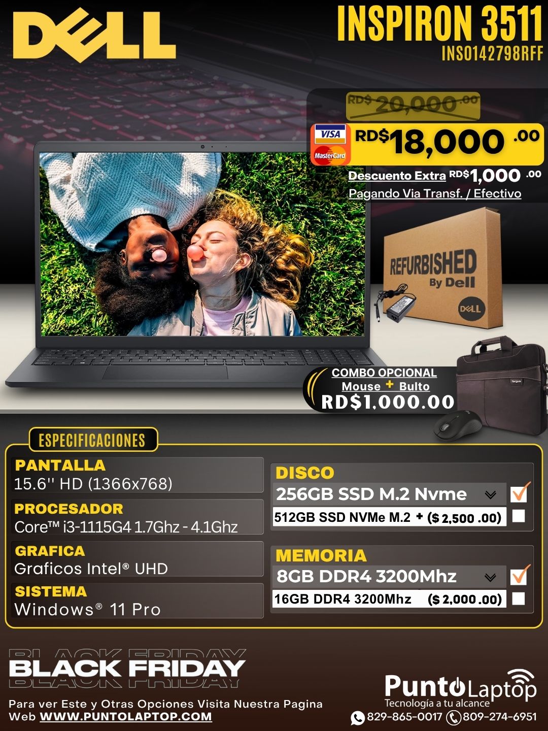 ❞𝐑𝐞𝐟𝐮𝐫𝐛𝐢𝐬𝐡𝐞𝐝❞ Dell Inspiron 3511 15.6" Core™ i3-1115G4 256GB SSD 8GB W11 Pro BLACK