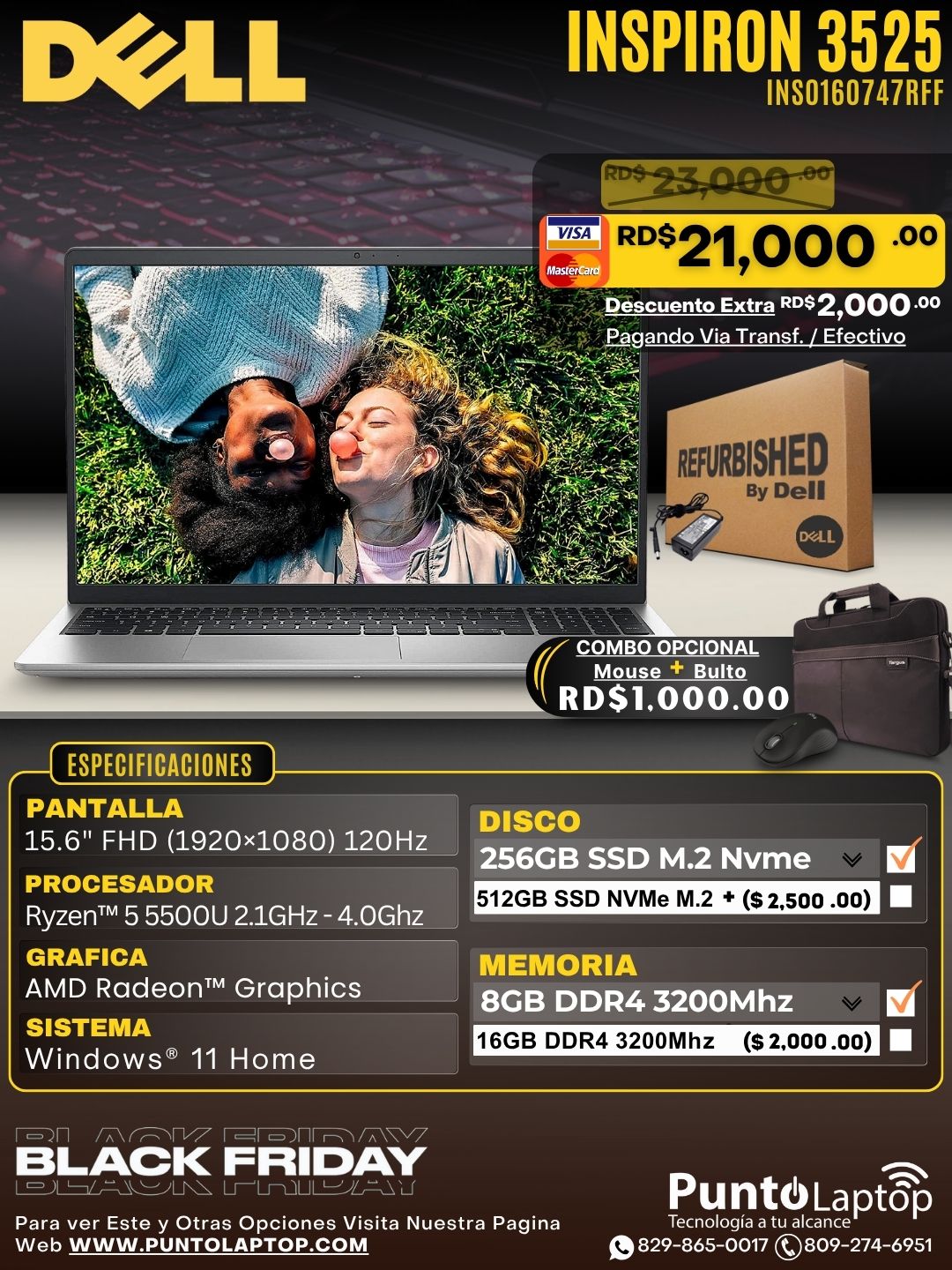 ❞𝐑𝐞𝐟𝐮𝐫𝐛𝐢𝐬𝐡𝐞𝐝❞ Dell Inspiron 3525 15.6" FHD 120Hz Ryzen™ 5 5500U 256GB SSD 8GB W11 SILVER