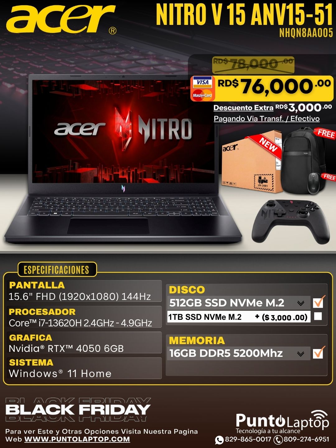 Acer Nitro V 15 ANV15-51-717H 15.6" FHD 144Hz IPS Core™ i7-13620H 512GB SSD 16GB W11 NVIDIA® RTX4050 6GB BLACK Bcklt