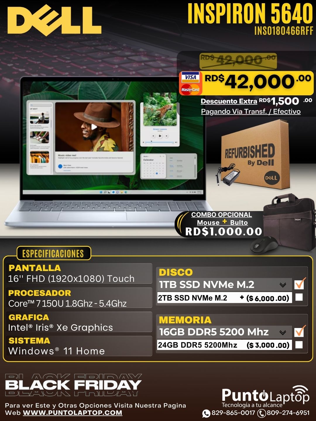 ❞𝐑𝐞𝐟𝐮𝐫𝐛𝐢𝐬𝐡𝐞𝐝❞ Dell Inspiron 5640 16" FHD Touch Core™ 7 150U 1TB SSD 16GB W11 ICE BLUE Bcklt