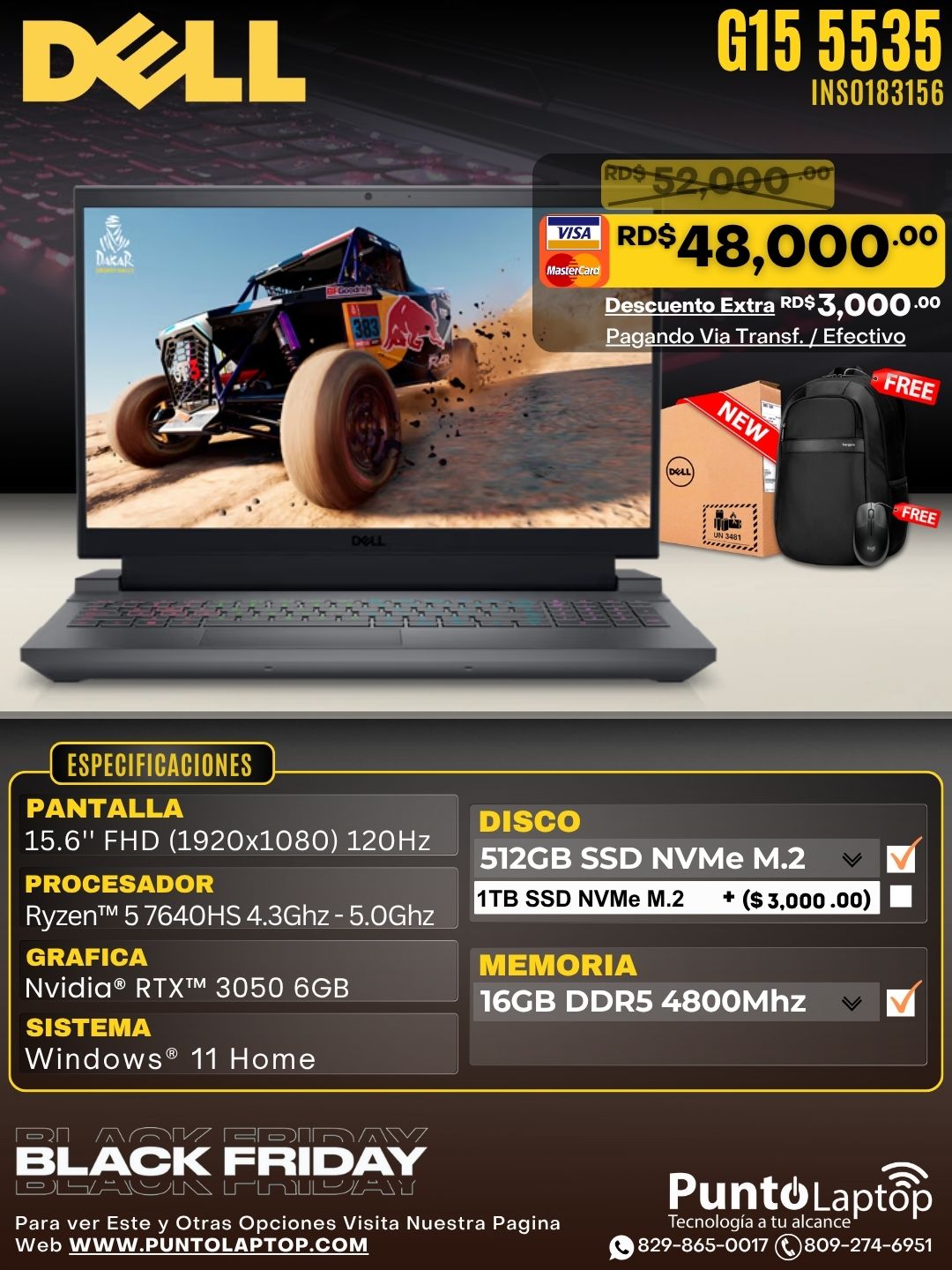 Dell G15 5535 GAMING 15.6" FHD 120Hz Ryzen™ 5 7640HS 512GB SSD 16GB W11 NVIDIA® RTX 3050 6GB Bcklt