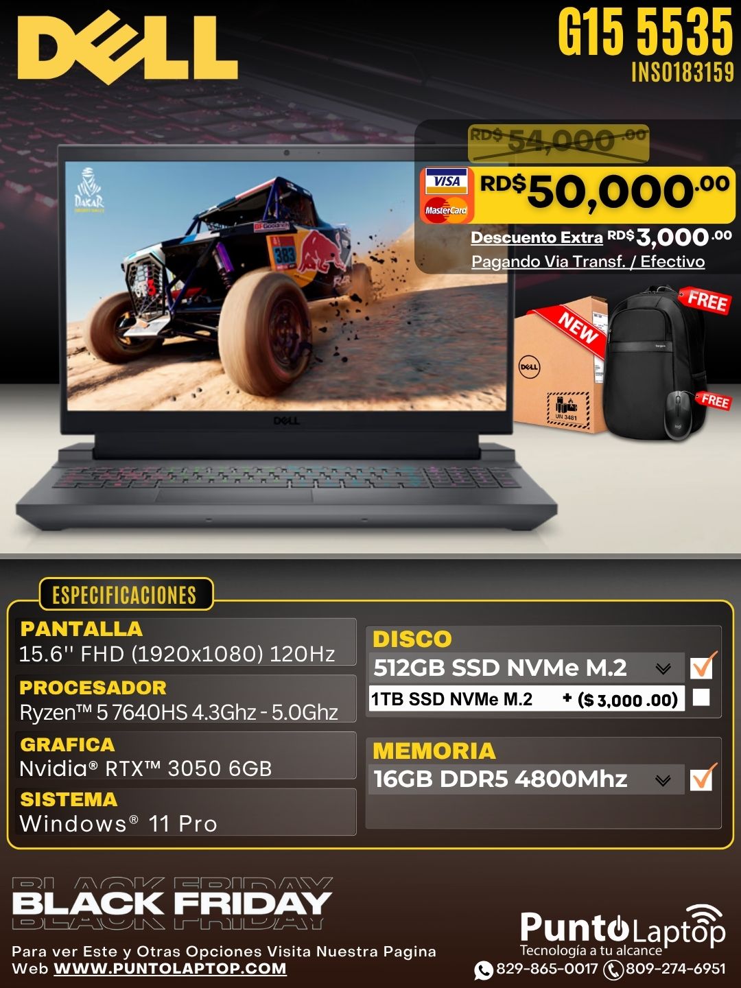 Dell G15 5535 GAMING 15.6" FHD 120Hz Ryzen™ 5 7640HS 512GB SSD 16GB W11 Pro NVIDIA® RTX 3050 6GB Bcklt