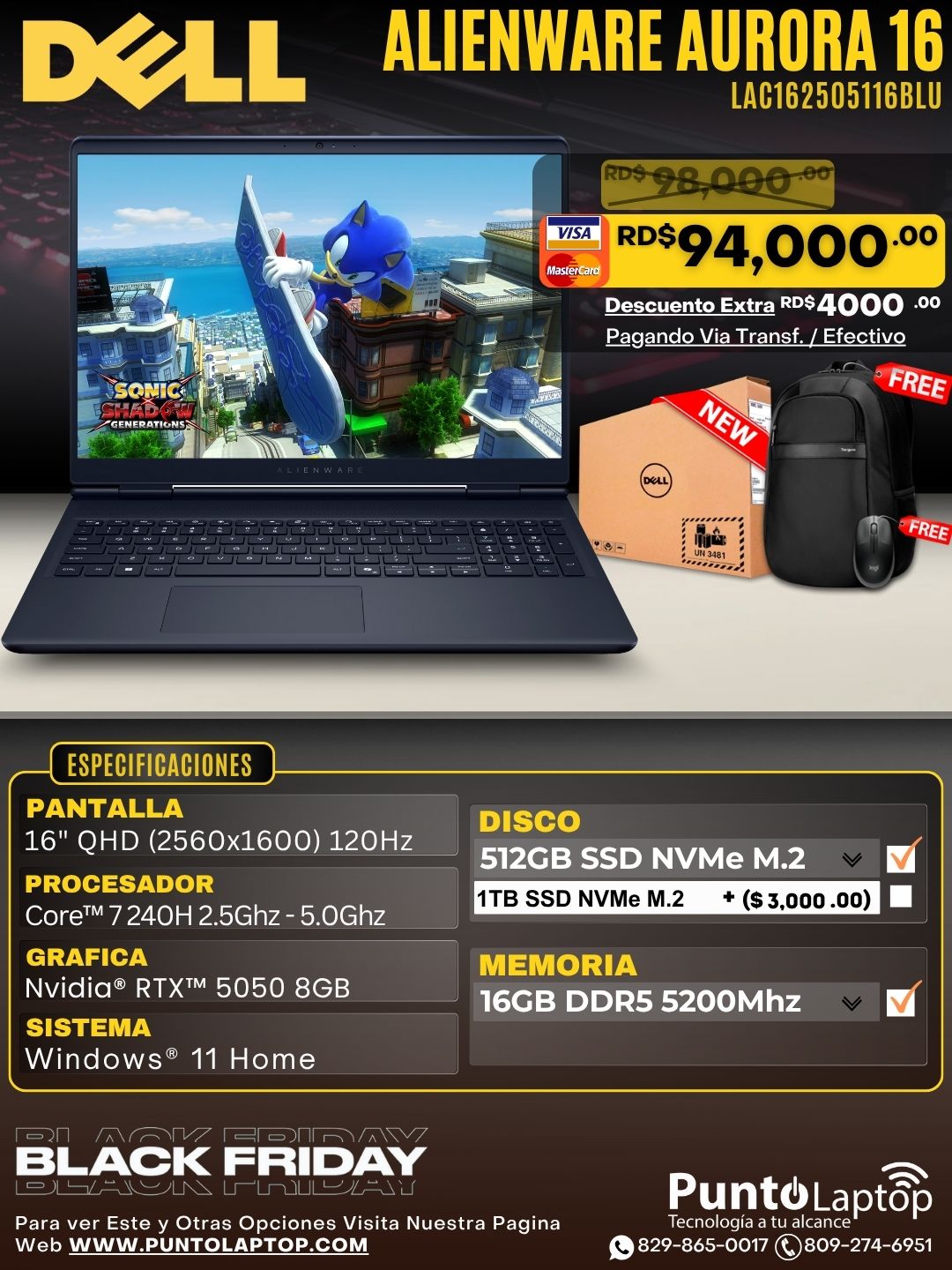 Dell Alienware Aurora 16 AC16250 16" (2560x1600) 120Hz Core™ 7 240H 512GB SSD 16GB W11 RTX 5050 8GB BLUE