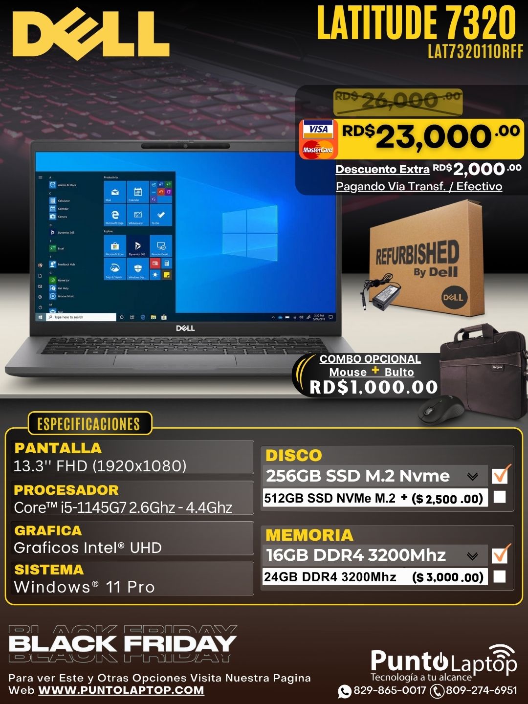 ❞𝐑𝐞𝐟𝐮𝐫𝐛𝐢𝐬𝐡𝐞𝐝❞ Dell Latitude 7320 13.3" FHD Core™ i5-1145G7 256GB SSD 16GB W11 Pro BLACK