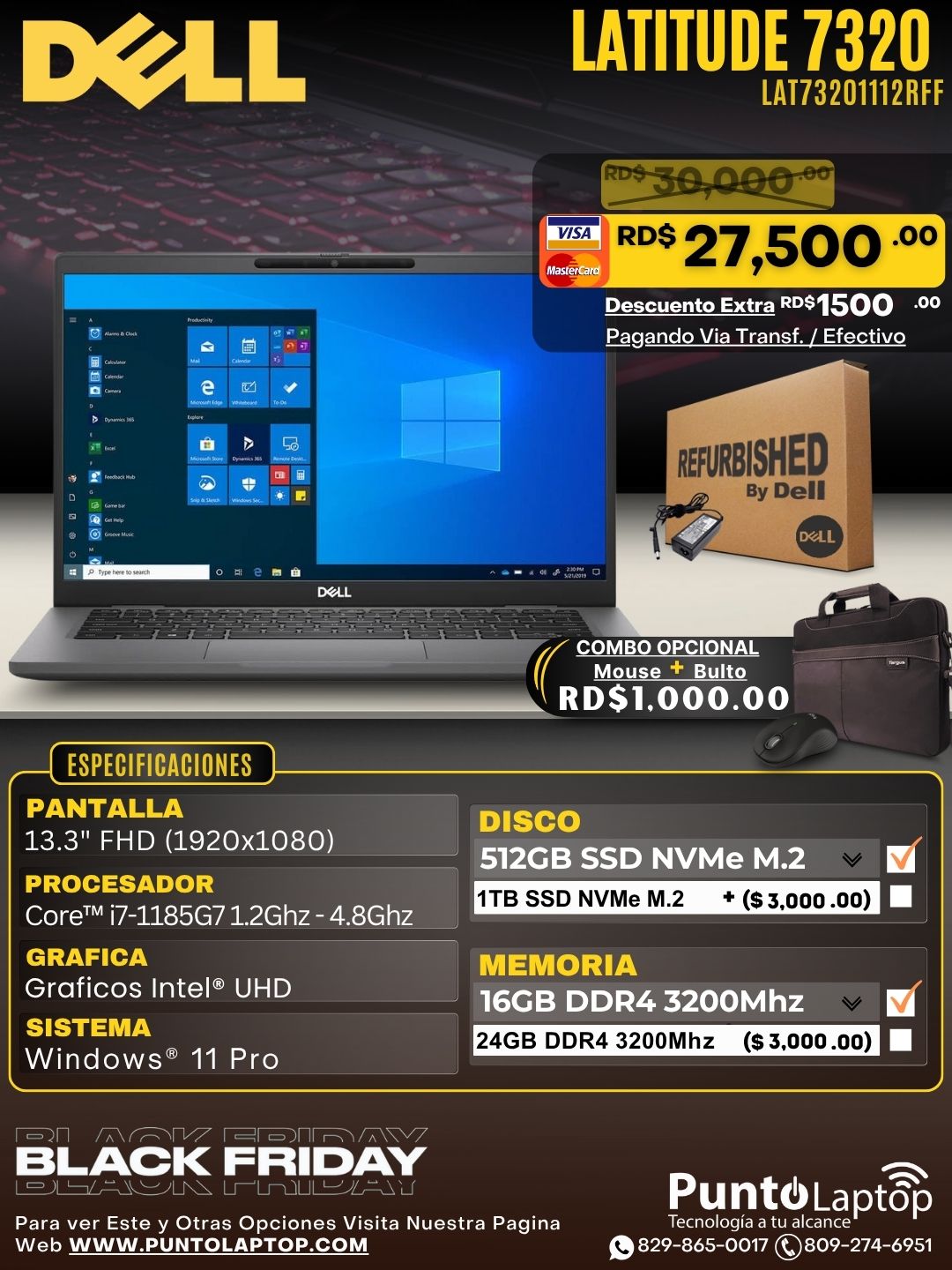 ❞𝐑𝐞𝐟𝐮𝐫𝐛𝐢𝐬𝐡𝐞𝐝❞ Dell Latitude 7320 13.3" FHD Core™ i7-1185G7 512GB SSD 16GB W11 Pro BLACK