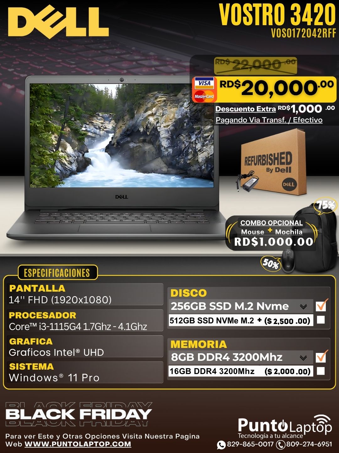 ❞𝐑𝐞𝐟𝐮𝐫𝐛𝐢𝐬𝐡𝐞𝐝❞ Dell Vostro 3420 14" FHD Core™ i3-1115G4 256GB SSD 8GB W11 Pro SPANISH Black