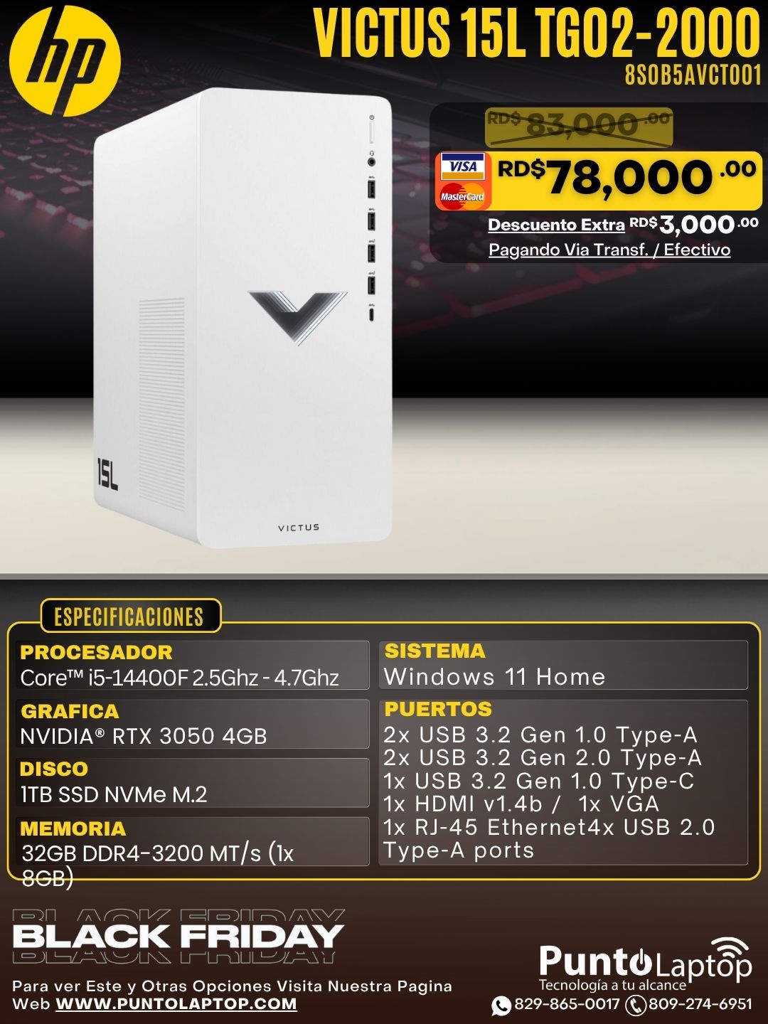 HP Victus 15L TG02-2000 GAMING TOWER Core™ i5-14400F 1TB SSD 32GB W11 NVIDIA® RTX 3050 4GB