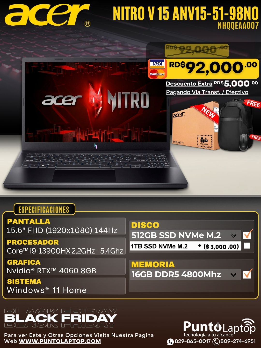 Acer Nitro V 15 ANV15-51-98N0 15.6" FHD 144Hz IPS Core™ i9-13900H 512GB SSD 16GB W11 NVIDIA® RTX 4060 8GB BLACK Bcklt