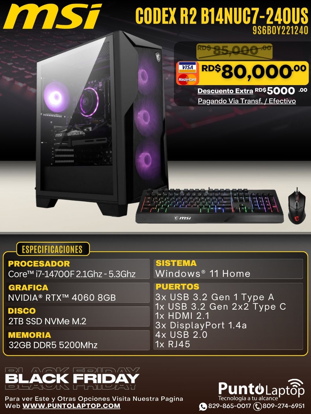 MSI Codex R2 B14NUC7-240US Core™ i7-14700F 2TB SSD 32GB W11 NVIDIA® RTX 4060 2X 8GB BLACK